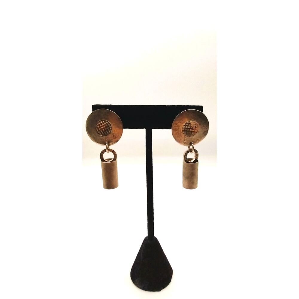 Vintage Handmade Hammered Brass Tone Cylinder Dangle Earrings